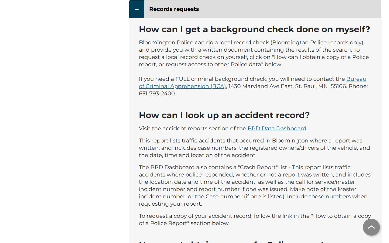 Bloomington Police records request page for felony records