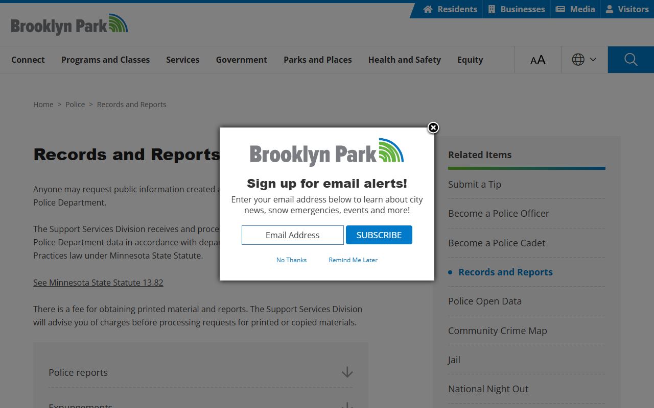 Brooklyn Park police records request page