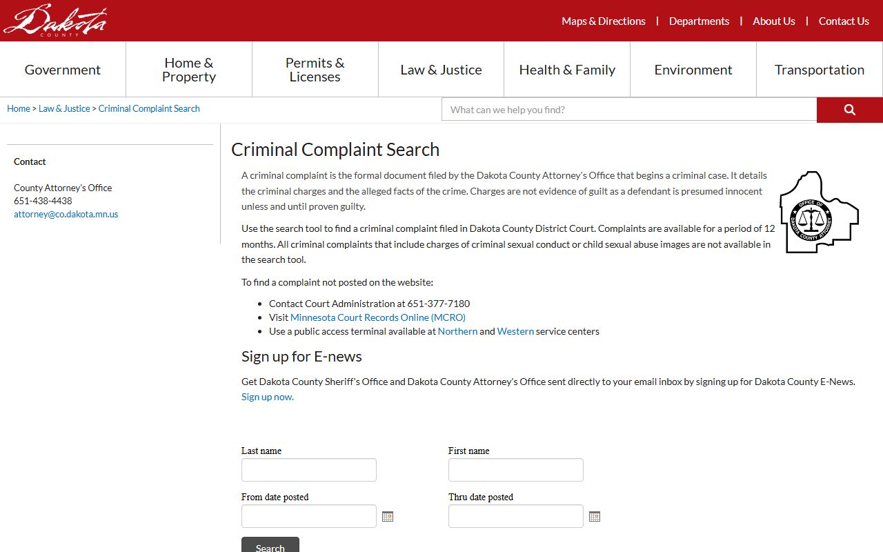 Dakota County criminal complaint search for felony records