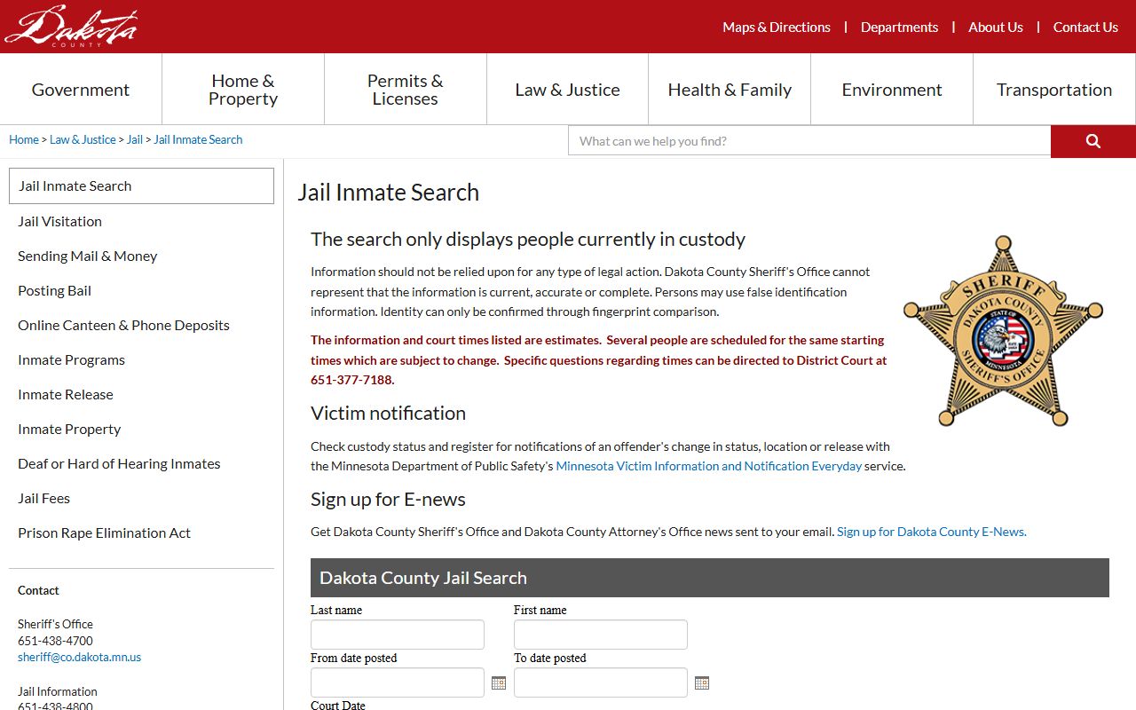Dakota County inmate search tool for felony records