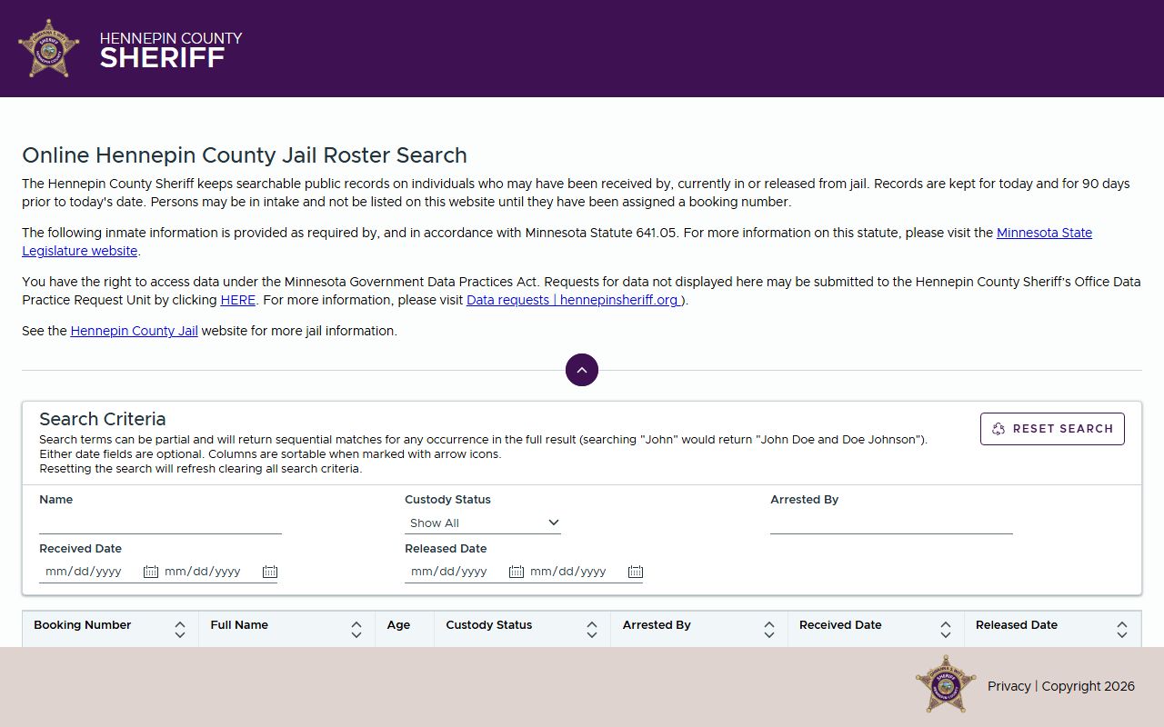 Hennepin County jail roster search for felony records