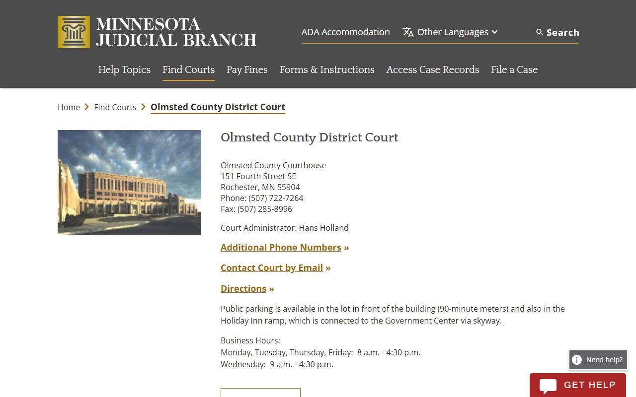 Olmsted County District Court page for felony records access in Rochester Minnesota
