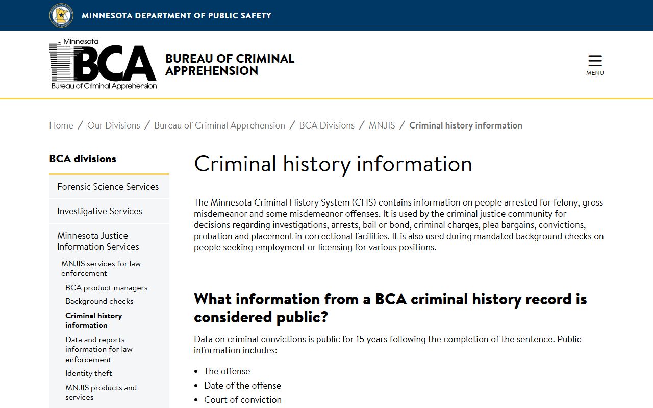 BCA criminal history information page for Minnesota felony records