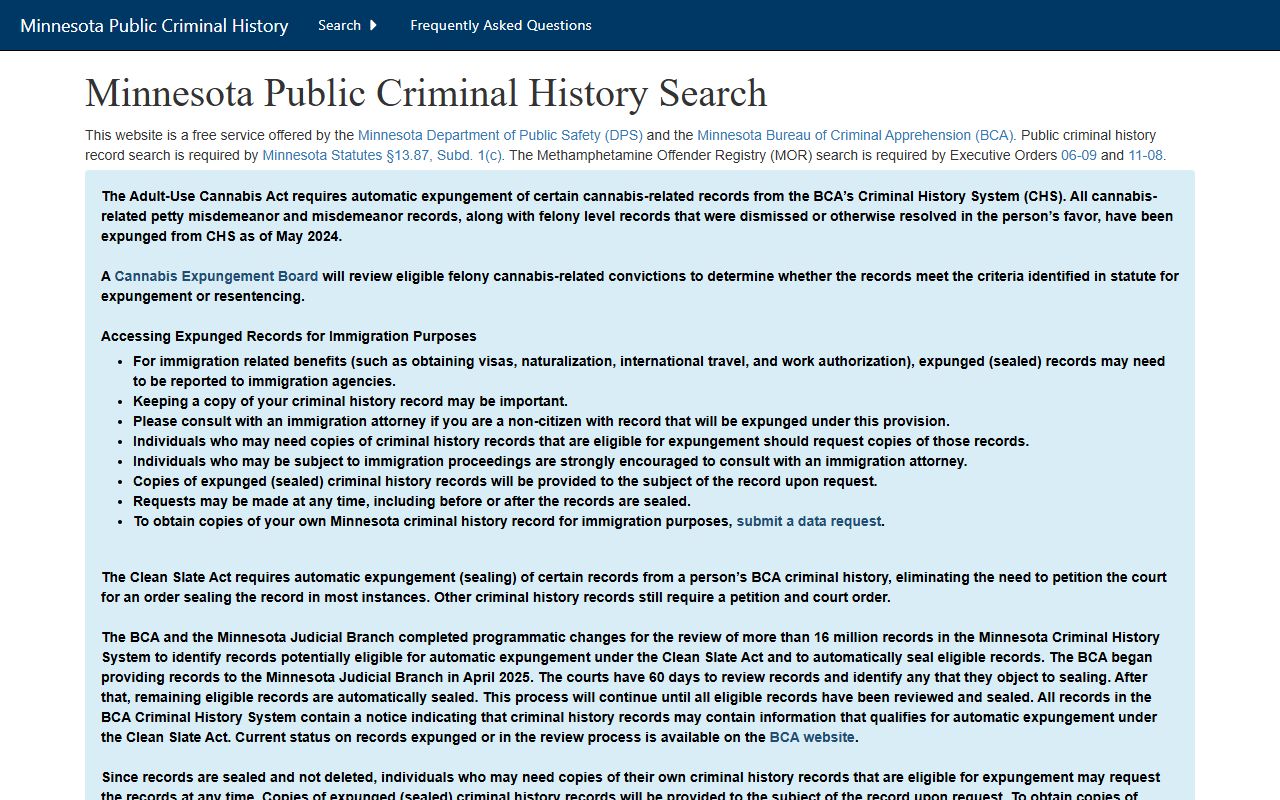 Minnesota BCA criminal history search for felony records