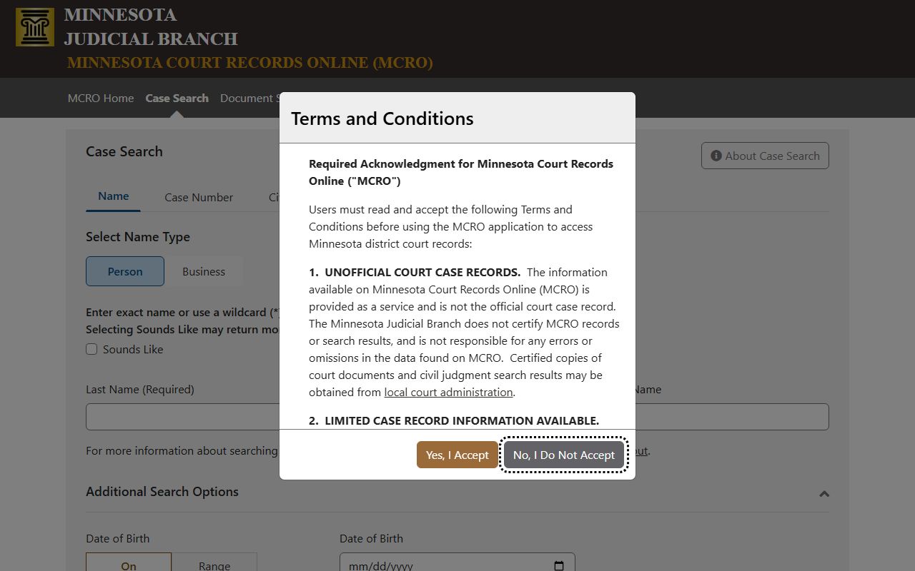 MCRO case search page for Minnesota felony records