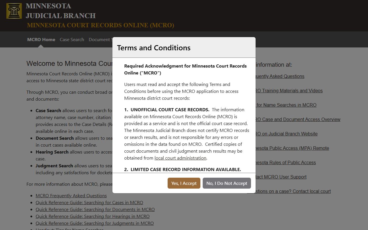 Minnesota Court Records Online homepage for felony case search